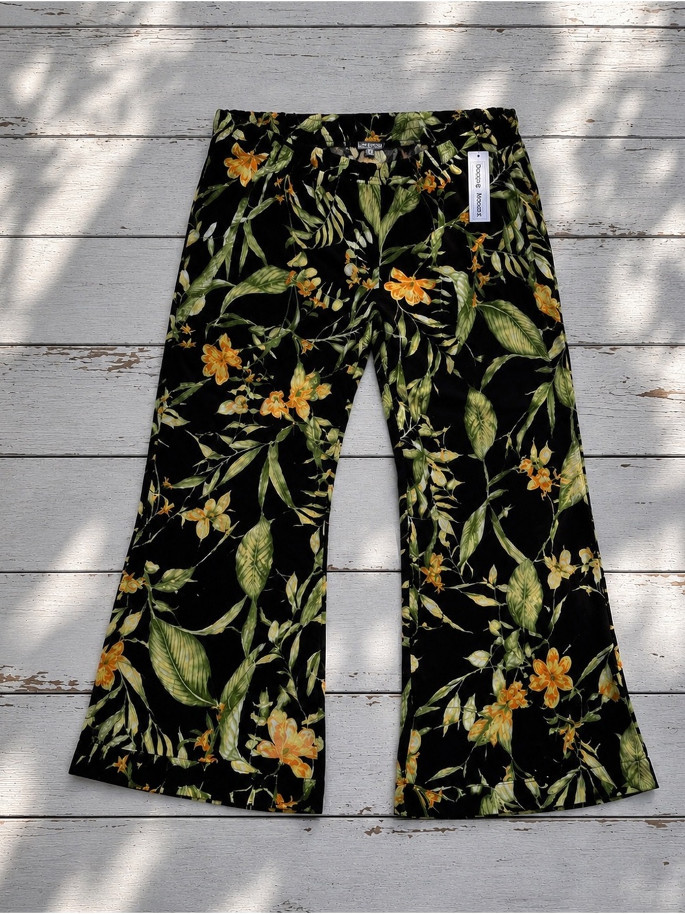 Donna Moore 2X Tropical Floral Wide Leg Pants NWT Black Green Yellow Plus
